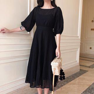 Set: Lace Elbow-sleeve A-line Midi Dress + Strappy Dress