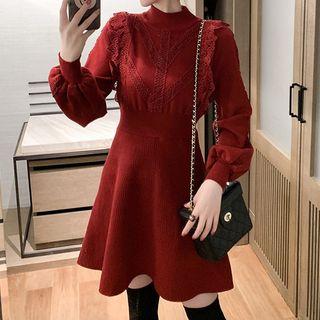 Lace Trim Lantern-sleeve A-line Mini Knit Dress