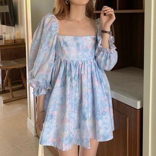 Short-sleeve Printed Mini A-line Dress Pink & Blue & White - One Size