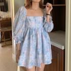 Short-sleeve Printed Mini A-line Dress Pink & Blue & White - One Size