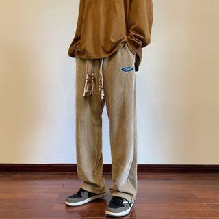High-waist Drawstring Applique Corduroy Pants