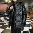 Stand Collar Padded Faux Leather Zip-up Jacket