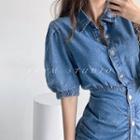 Bubble-sleeve Ruched Denim Mini Shirtdress