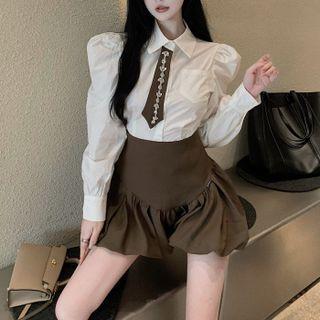 Puff Shoulder Shirt With Rhinestone Necktie / High Waist Balloon Shorts