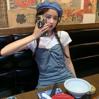Short-sleeve T-shirt / Bow Drawstring Denim Pinafore Dress