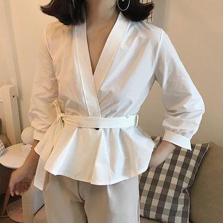 Plain V-neck 3/4 Sleeve Blouse With Belt