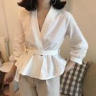 Plain V-neck 3/4 Sleeve Blouse With Belt