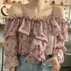 3/4-sleeve Cold Shoulder Floral Ruffled Chiffon Top