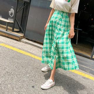 Buttoned Plaid A-line Maxi Skirt