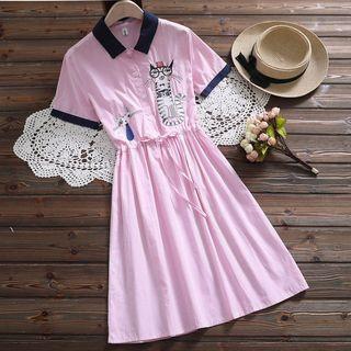 Short-sleeve Striped Embroidered Midi A-line Dress