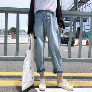 High-waist Distressed Straight-cut Cropped Jeans