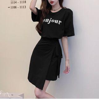 Set: Short-sleeve Lettering T-shirt + Asymmetrical Mini Skirt