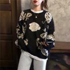 Rose Print Loose-fit Sweater As Figure - One Size