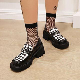 Checkered Platform Block-heel Loafers