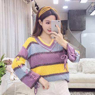 V-neck Stripe Lace-up Sweater
