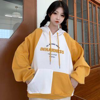Fleece-lined Color Block Lettering Hoodie