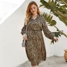 Plus Size Long-sleeve Leopard Print Midi A-line Dress