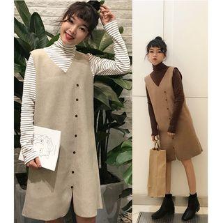 Set: Striped High Neck Long-sleeve T-shirt + V-neck Pinafore Dress