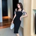 Short-sleeve Butterfly Embroidered Midi Sheath Dress