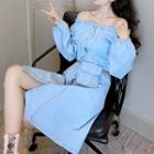 Single-breasted Off-shoulder Long-sleeve Denim Dress