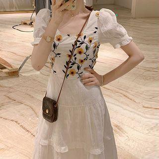 Puff-sleeve Floral Embroidered Top / Midi A-line Dress