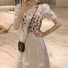 Puff-sleeve Floral Embroidered Top / Midi A-line Dress