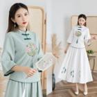 3/4-sleeve Embroidered Tasseled Qipao Top / Midi A-line Skirt / Set