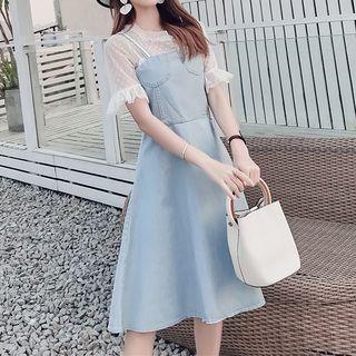 Set: Mesh Short-sleeve Top + Denim Spaghetti Strap A-line Dress
