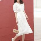 Short-sleeve Frill Collar A-line Midi Dress White - One Size
