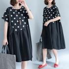 Short-sleeve Dotted Panel A-line Dress Black - One Size