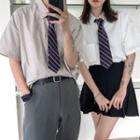 Couple Matching Short-sleeve Tie-neck Shirt / Mini Skirt / Dress Pants