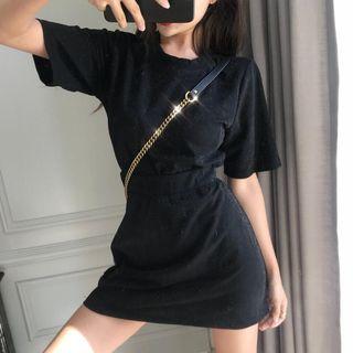 Set: Crew-neck Short-sleeve T-shirt + High Waist A-line Skirt