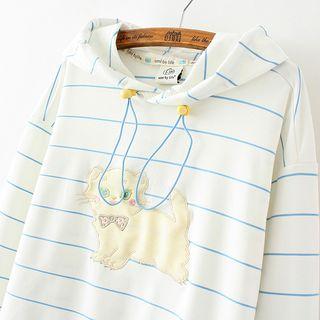 Cat Applique Striped Hoodie
