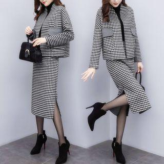 Set: Plaid Open-front Jacket + Side Slit Straight-fit Skirt