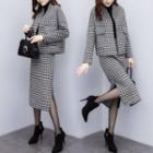 Set: Plaid Open-front Jacket + Side Slit Straight-fit Skirt