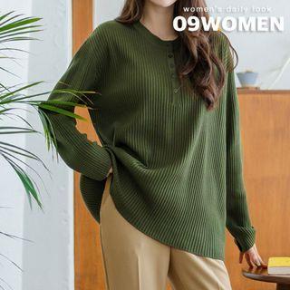 Plus Size Round-neck Rib-knit Henley