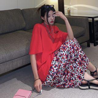 Short-sleeve Print Loose-fit T-shirt / Floral Print Midi Skirt