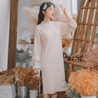 Long-sleeve Mock-neck Frill Trim Knit Midi Shift Dress