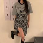 Elbow-sleeve Print T-shirt / Leopard Print Mini A-line Skirt