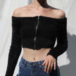 Off-shoulder Fluffy Zip-up Cropped Cardigan