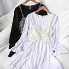 Set: Long-sleeve Mini A-line Dress + Plaid Camisole
