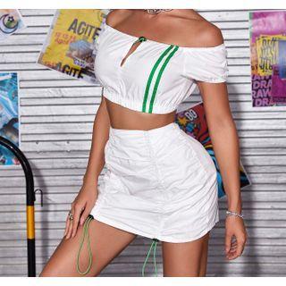 Off-shoulder Crop Top + Drawstring Mini Skirt