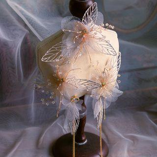 Wedding Set: Mesh Flower Headpiece + Dangle Earring 1 Pair - Earring & Headpiece - White - One Size