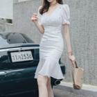 Short-sleeve V-neck Ruffle Hem Mini Sheath Dress