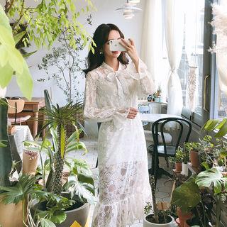 Set: Tie-neck Laced Dress + Mini Slipdress