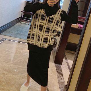 Plaid V-neck Knit Vest / Turtleneck Midi Sweater Dress