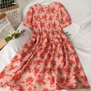 Puff-sleeve Printed Midi Dress Red - One Size