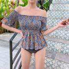 Off-shoulder Floral Print Smocked Bikini
