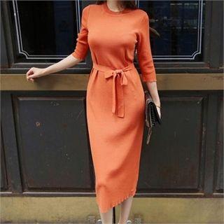 3/4-sleeve Knit Long Dress With Sash