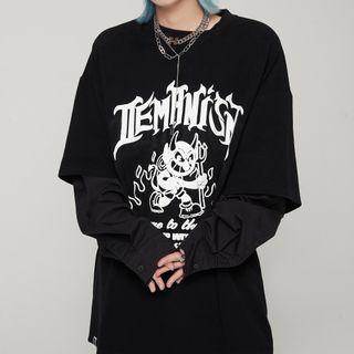 Mock Two-piece Lettering Cartoon Print T-shirt